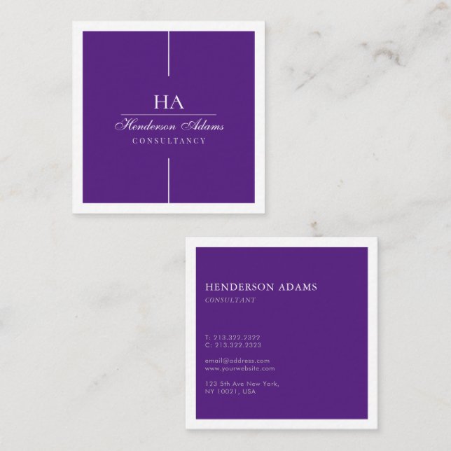 Signature Luxury Script Royal Purple and White Square Business Card (Front/Back)