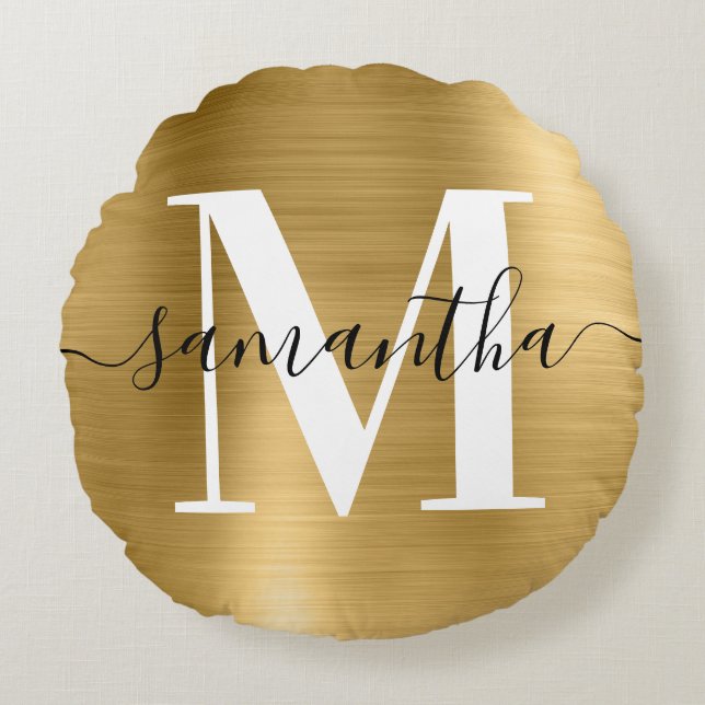Signature Modern Monogram Gold Foil Photo Round Cushion (Front)