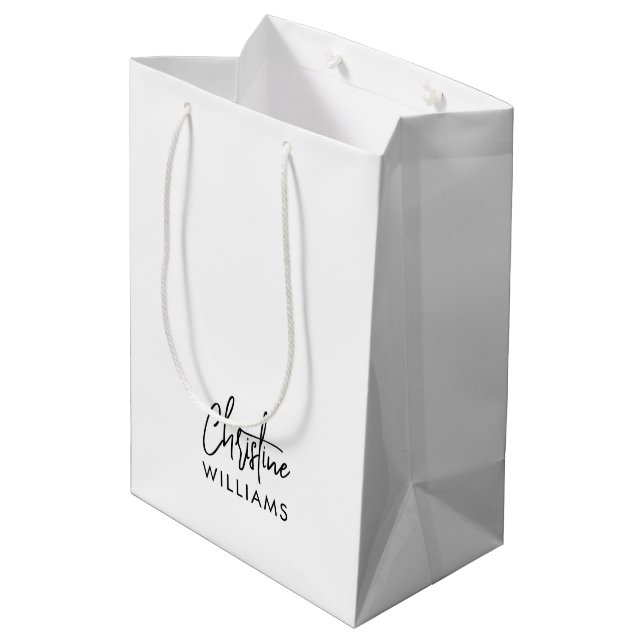 Signature Monogram Handwritten Script White Medium Gift Bag (Back Angled)