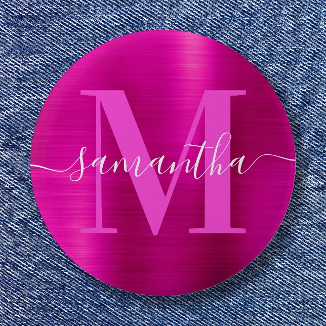 Signature Monogram Hot Pink Shimmer Foil  6 Cm Round Badge (Signature Monogram Hot Pink Shimmer Foil Button)