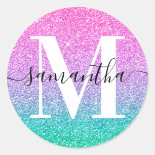 Signature Monogram Pink Purple Jade Ombre Glitter  Classic Round Sticker