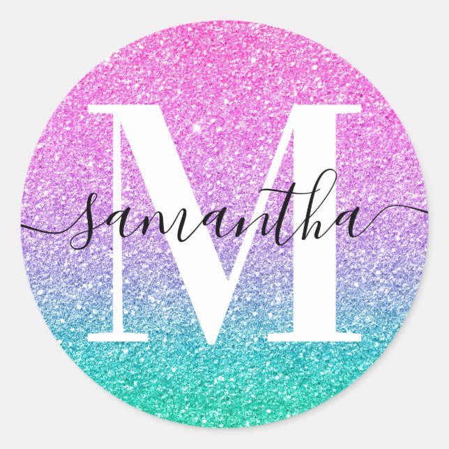 Signature Monogram Pink Purple Jade Ombre Glitter  Classic Round Sticker (Front)