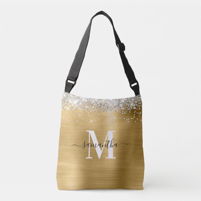 Signature Monogram Silver Glitter Gold Foil Crossbody Bag (Front)