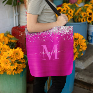 Signature Monogram Silver Glitter Hot Pink Foil Tote Bag
