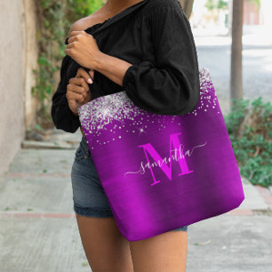 Signature Monogram Silver Glitter Magenta Purple Tote Bag