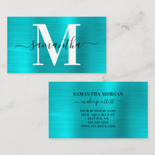 Signature Monogram Turquoise Blue Shimmer Business Card