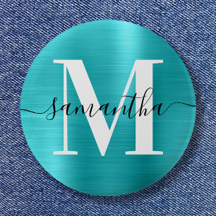 Signature Monogram Turquoise Blue Shimmer Foil  6 Cm Round Badge