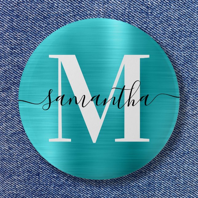 Signature Monogram Turquoise Blue Shimmer Foil  6 Cm Round Badge (Signature Monogram Turquoise Blue Shimmer Foil Button)