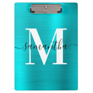 Signature Monogram Turquoise Blue Shimmer Foil Clipboard
