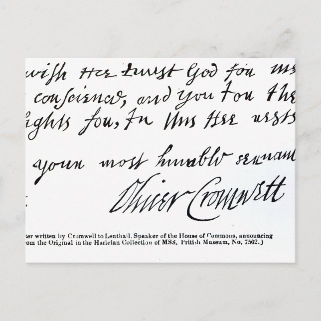 Signature Oliver Cromwell,from handwritten Postcard (Front)