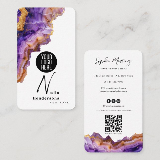 Signature Purple Agate gold marble & QR Code Logo Business Card (Front/Back)