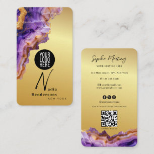 Signature Purple Agate gold marble & QR Code Logo Business Card