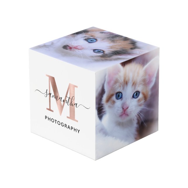Signature Rose Gold M Monogram Photographer Logo Cube (Front Angled)