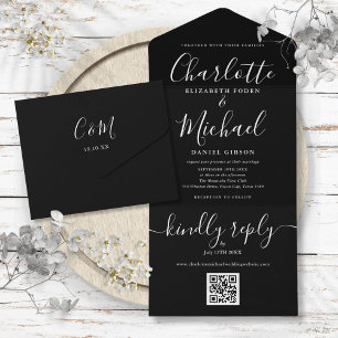 Signature Script Black And White QR Code Wedding  All In One Invitation