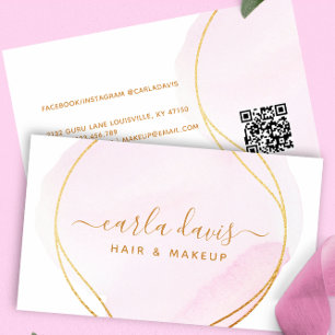 Signature Script Blush Pink Watercolor Gold QR Business Card