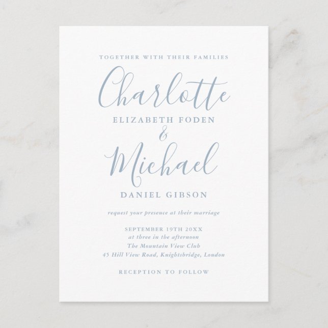 Signature Script Dusty Blue Wedding Invitation Postcard (Front)