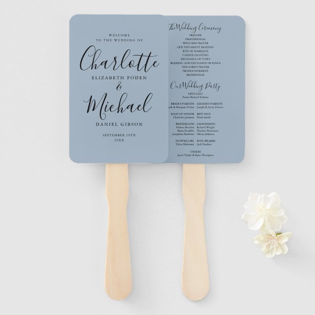 Signature Script Dusty Blue Wedding Program Hand Fan (Front and Back)