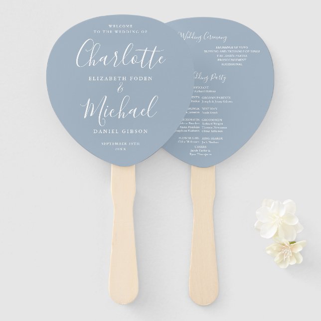 Signature Script Dusty Blue Wedding Program Hand Fan (Front and Back)