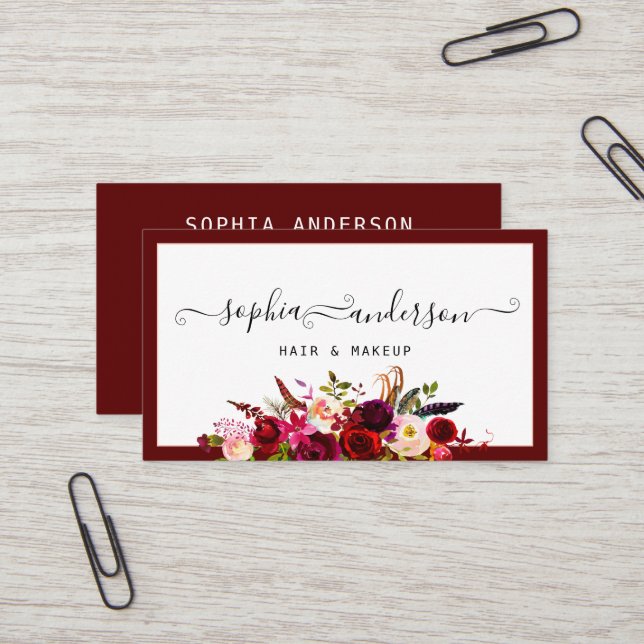 Signature Script & Elegant Burgundy Floral Roses  Business Card (Front/Back In Situ)