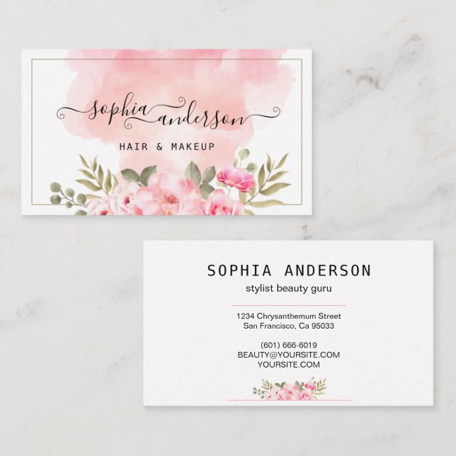 Signature Script & Elegant Watercolor Floral Pink Business Card (Front/Back)