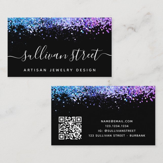 Signature Script Glitter Glam QR Code  Business Card (Front/Back)