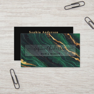Signature Script & Gold Glitter Navy Green Agate Business Card