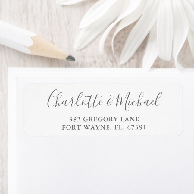 Signature Script Gray White Wedding Return Address Label (Insitu)
