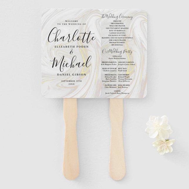 Signature Script Marble Wedding Program Hand Fan (Front and Back)