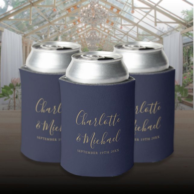 Signature Script Navy Blue Gold Wedding Can Cooler (Signature Script Navy Blue Gold Wedding Can Cooler)