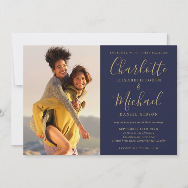 Signature Script Photo Navy Blue And Gold Wedding Invitation (Front)