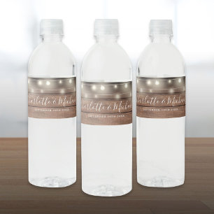 Signature Script Rustic Wood String Lights Wedding Water Bottle Label