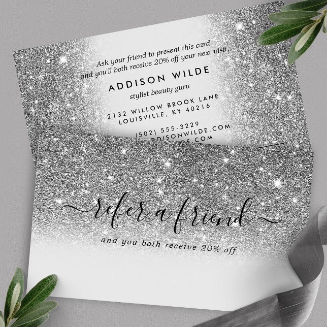 Signature Script Silver Glitter Modern Girly Referral Card (Creator Uploaded)