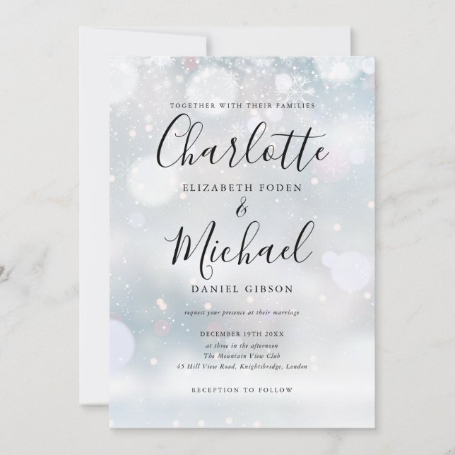 Signature Script Snowflakes Winter Wedding Invitation (Front)