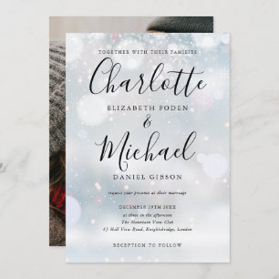 Signature Script Snowflakes Winter Wedding Photo Invitation