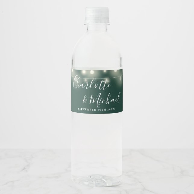 Signature Script String Lights Emerald Wedding Water Bottle Label (Front)