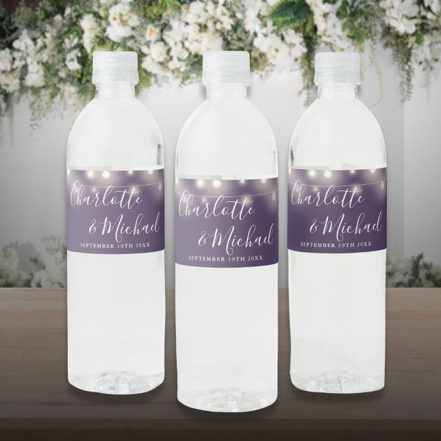 Signature Script String Lights Purple Wedding Water Bottle Label (Signature Script String Lights Purple Wedding Water Bottle Label)