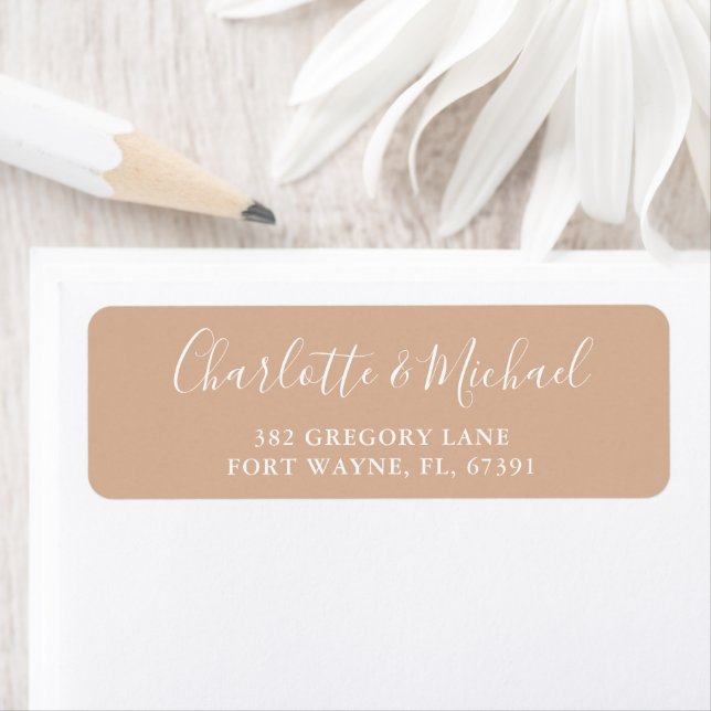 Signature Script Tan Taupe Wedding Return Address Label (Insitu)