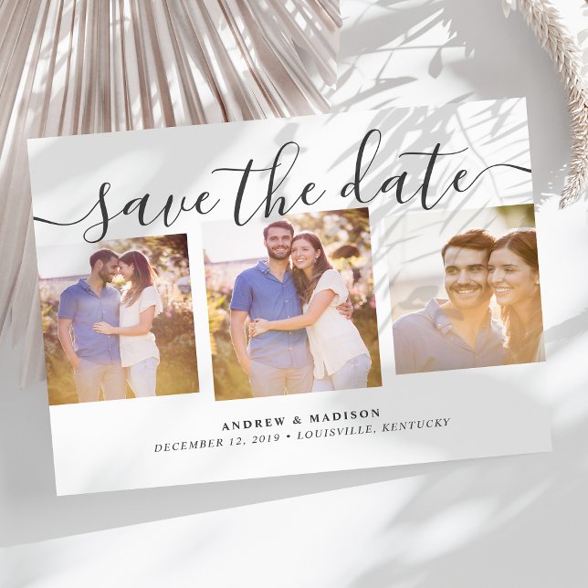 Signature Script Three Photos Grey Save The Date Announcement Postcard (Creator Uploaded)