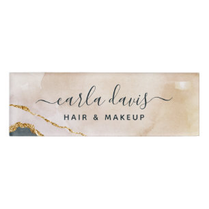 Signature Script Watercolor Pink Black Gold Marble Name Tag