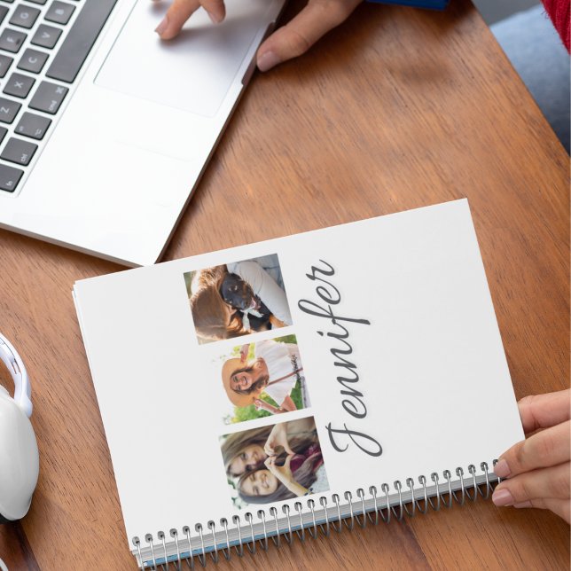 Signature Strip Collage Notebook (“Storytelling notebook design featuring three-photo strip layout with flowing script name detail.”)
