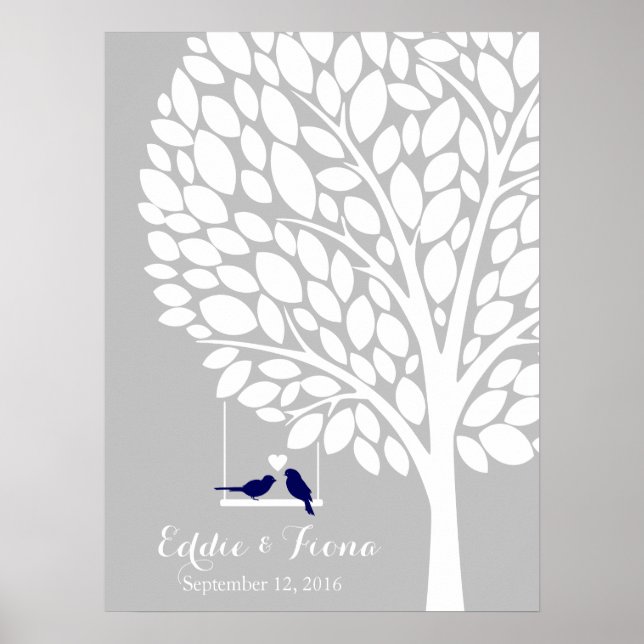 signature wedding guest book tree bird navy (Front)
