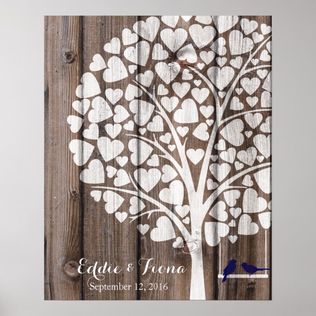 signature wedding guest book tree bird navy wood (Front)