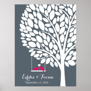 signature wedding guest book tree bird pink
