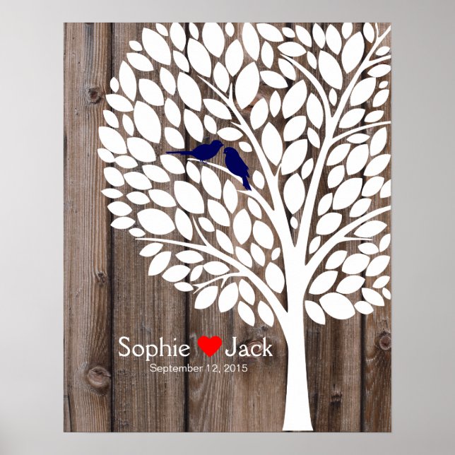 signature wedding guest book tree navy blue wood (Front)
