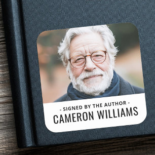 Signed by the author photo name white border square sticker