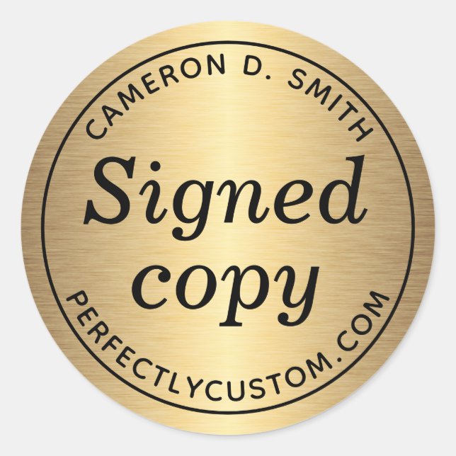 Signed copy golden gradient author name website classic round sticker (Front)