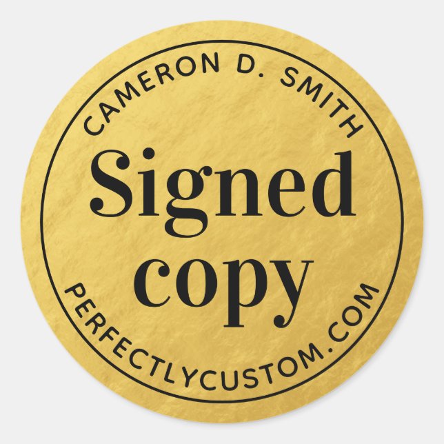 Signed copy name url golden gradient book signing classic round sticker (Front)
