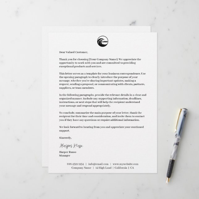 Signed Letterhead |  Business Letter Logo Branded  (Front/Back In Situ)