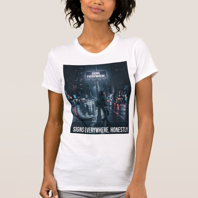 Signs Everywhere City Street Night Scene T-Shirt (Front)