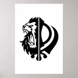 Sikh symbol khanda with Half Lion Face  Poster